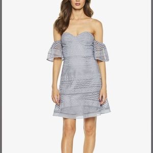 BARDOT LUCILLE LACE OFF THE SHOULDER DRESS IN DUSTY BLUE
